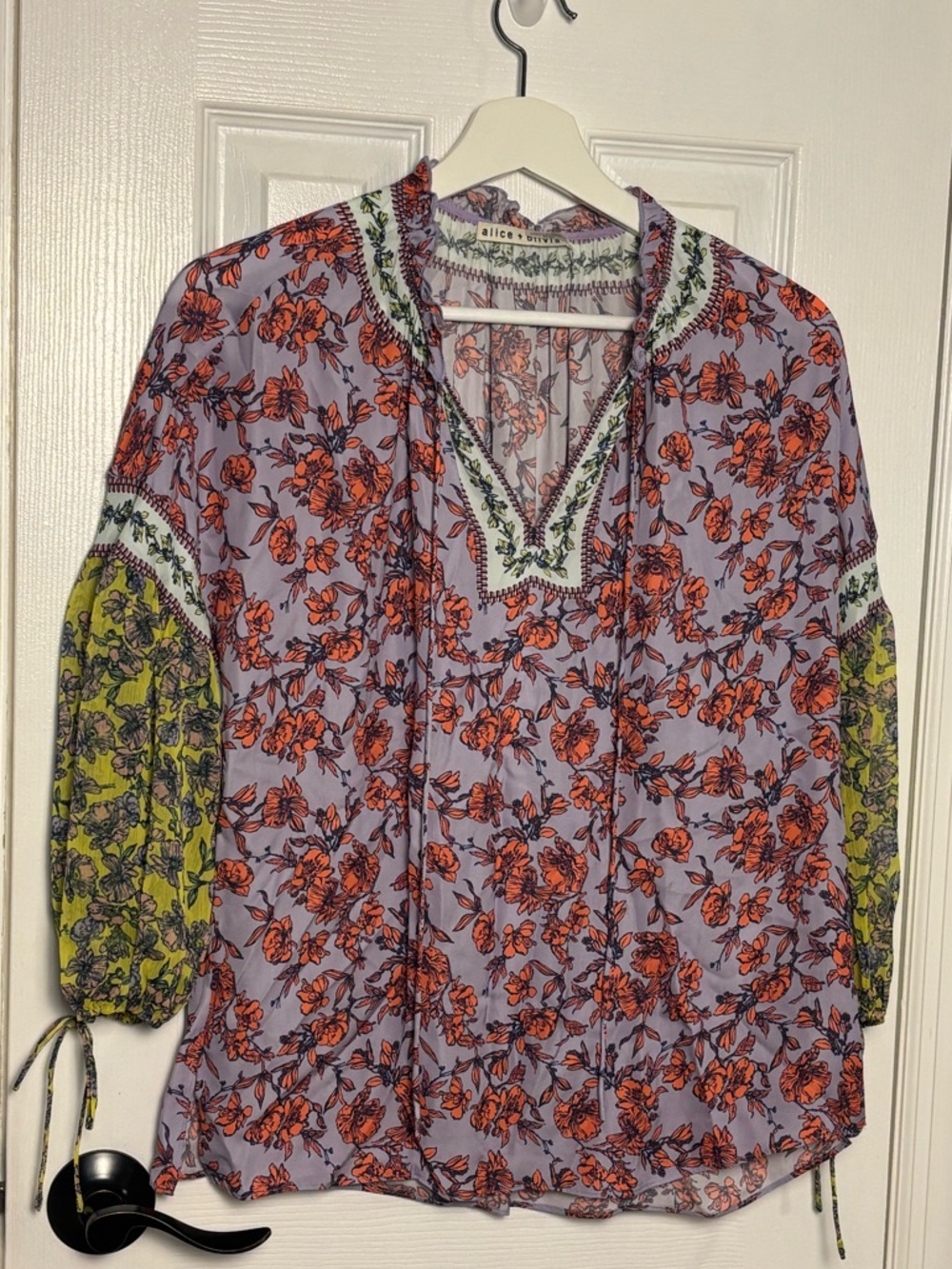 Alice + Olivia Lavender Floral V-Neck Peasant Blouse with Orange & Green Accents